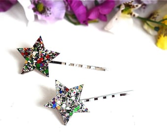 Hair Clip Bobby Pin 2 pieces Set Brocade Felt Glitter Stars Slide Hairpins Clips Pin Accessories Bun Holder Maker Women Girl Gift Hairstyle