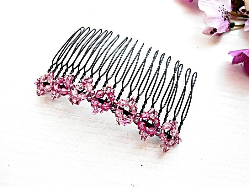 Pink Hair Comb Pearl Floral Bun Holder Maker Accessory Bridal Fork Glass Beads Bridal Wedding Crystal Bridesmaid Retro Boho Bohemian Jewelry image 4