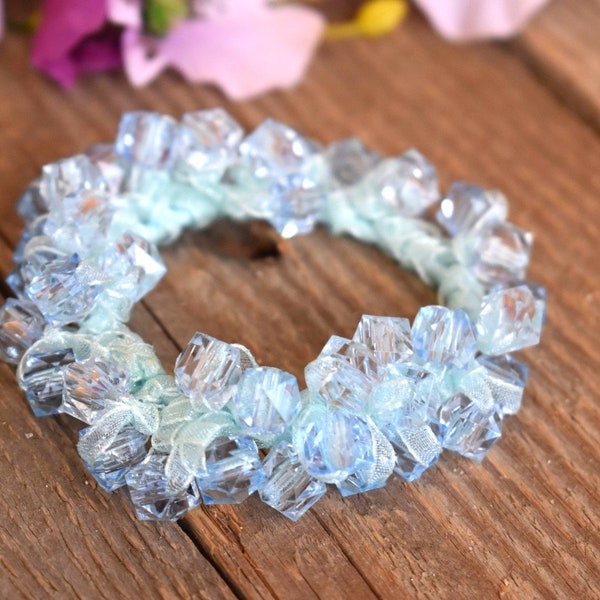 Hair Scrunchie Light Blue Cotton Ponytail Holder Crochet Embroidery Maker Glass Seed Beads Pearl Pony Tail Wrap Hair Ties Ponytail Tie