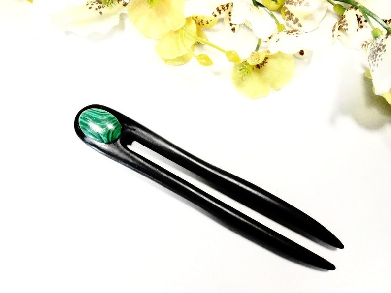 Wooden Hair Fork Stick Malachite Gemstone Carved Natural Ebony Wood Hair Accessories Dark Green Bun Holder Maker Hair Pin Comb Pick Jewelry image 3