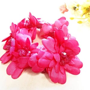 Hair Scrunchie Cotton Flower Pink Fuchsia Ponytail Holder Blossom Embroidery Crochet Elastic Wrap Hair Ties Floral Glass Pearls Accessories