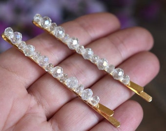 Set of 2 Clear Glass Crystal Gold Beaded Hair Clip Bobby Pin Slide Hairpin Accessories Bun Holder Maker Women Girl Gift Bridal Wedding Bride