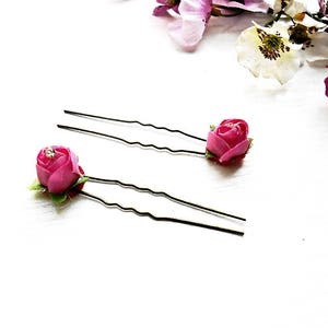 Rose Hair Pin Set 2 pc Bobby Slide Pins Floral Pink Silk Fabric Flower Wedding Bridal Hairstyle Accessory Bride Decoration Jewelry Ornaments image 3
