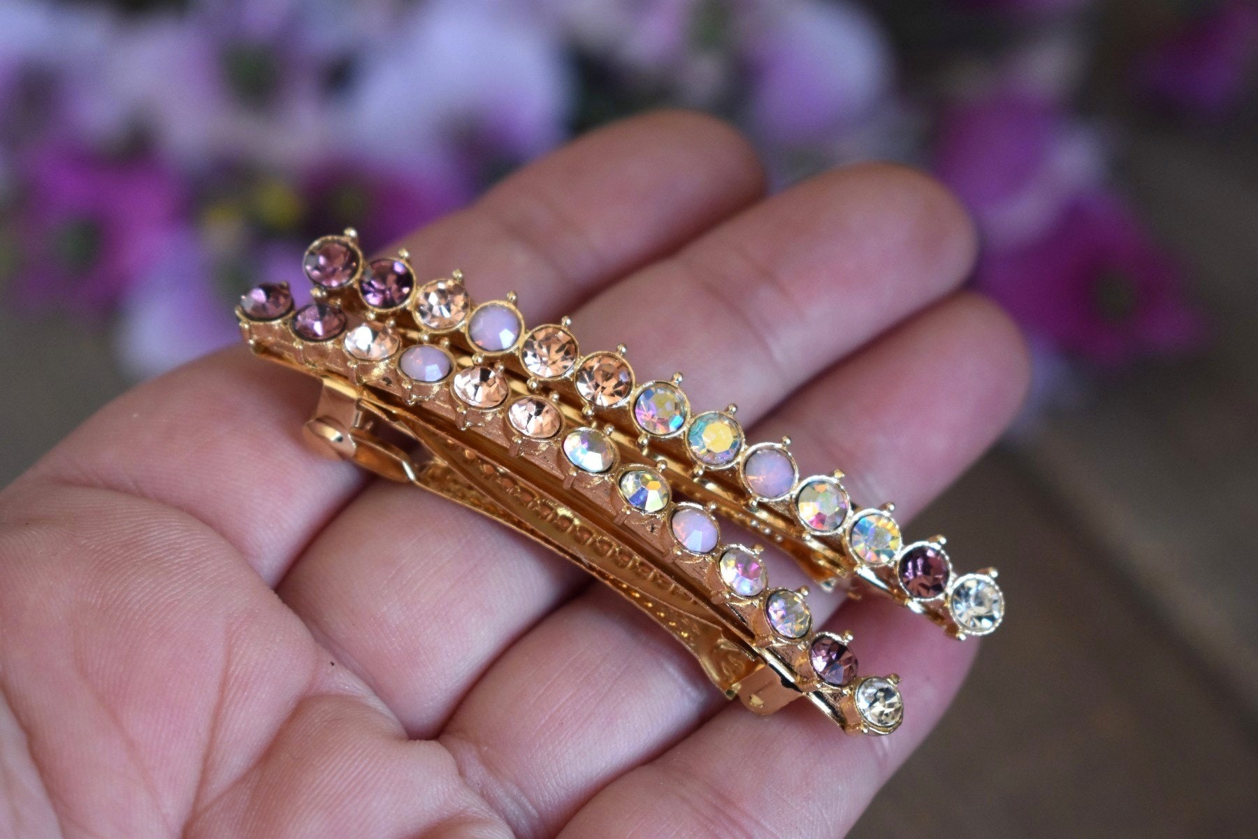 Hair Barrettes Set of 2 Small Gold Purple Glass Crystal Hair Etsy UK