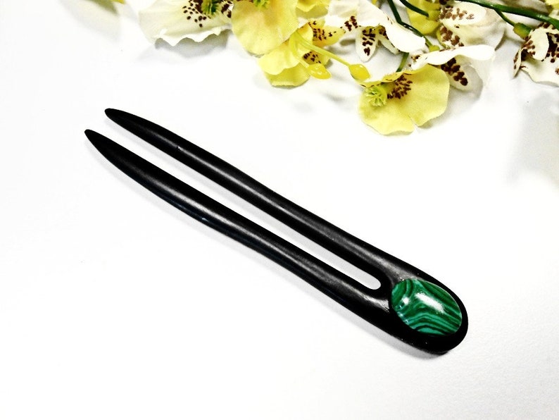 Wooden Hair Fork Stick Malachite Gemstone Carved Natural Ebony Wood Hair Accessories Dark Green Bun Holder Maker Hair Pin Comb Pick Jewelry image 2