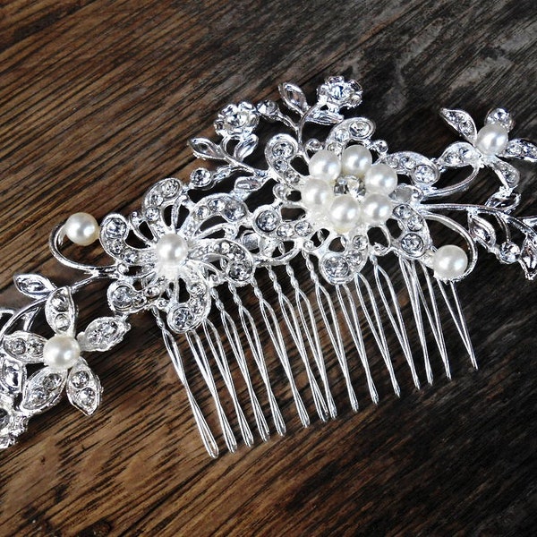 Mariage cheveux peigne mariage fleurs blanc perle strass argent cristal clair en filigrane décoratif Head pièces parure de mariage pince à bijoux