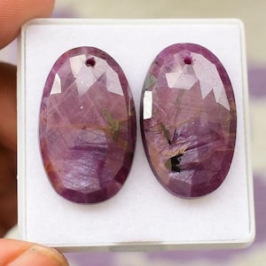 Natural Ruby Drilled Matched Pair Crystal Cabochon Rose Cut Flat Back Handmade Loose Gemstone For Jewelry Making 28x17 MM 56 Ct