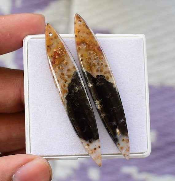 Drilled Palm Root Agate Cabochons: Matched Gemstone Pair, Jewelry Findings