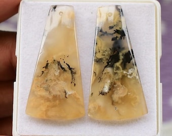 Tiger Dendrite Agate Cabochons: Matched Pair, Drilled Gemstone Beads (39x19 MM, 45 Ct