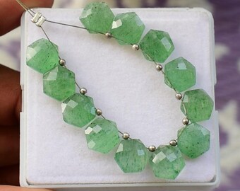 Faceted Green Strawberry Quartz Beads: Hexagon Crystal Briolette Pair, 10x10mm