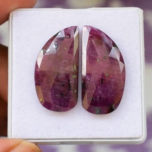 Natural Ruby Drilled Matched Pair Crystal Cabochon Rose Cut Flat Back Handmade Loose Gemstone For Jewelry Making 26x13 MM 28 Ct