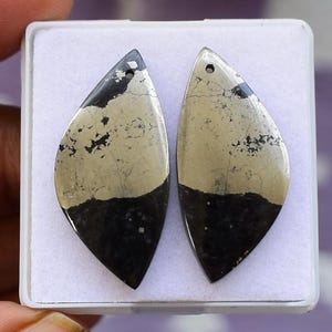 May include: Two teardrop-shaped pyrite stones, each with a hole at the top for stringing. The stones are divided into two sections: a black lower half and a shimmering, golden-coloured upper half. The stones are displayed in a white plastic case.