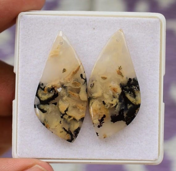 Tiger Dendrite Agate Cabochons: Matched Pair, Flat Back Gemstones, 36x17mm