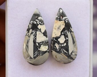 Maligano Jasper Cabochon Pair, Drilled Teardrop Gemstone, 26x12mm