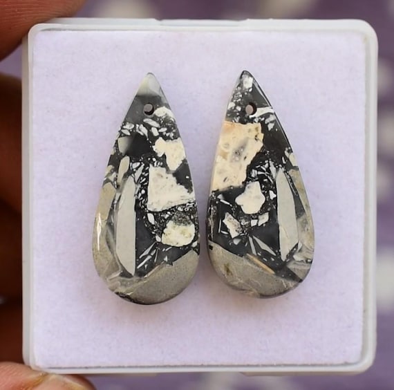 Maligano Jasper Cabochon Pair, Drilled Teardrop Gemstone, 26x12mm