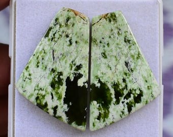 Puede incluir: Dos piedras preciosas pulidas en forma de trapecio con un patrón veteado. Las piedras presentan una mezcla de tonos verde claro, verde oscuro y blanco, con áreas verde oscuro concentradas en la base. Se presentan en una vitrina blanca.