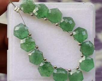 Faceted Green Strawberry Quartz Beads: Hexagon Briolette Pair, 10x10mm