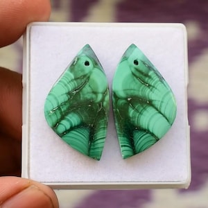 Natural Malachite Drilled Matched Pair Crystal Cabochon Smooth Flat Back Handmade Loose Gemstone For Jewelry Making 29x16 MM 42 Carat