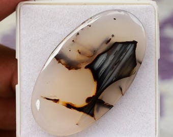 May include: An oval gemstone with a polished surface. The stone has a creamy white base with intricate patterns of black and brown inclusions. The gemstone is set in a white display case, held by a hand.