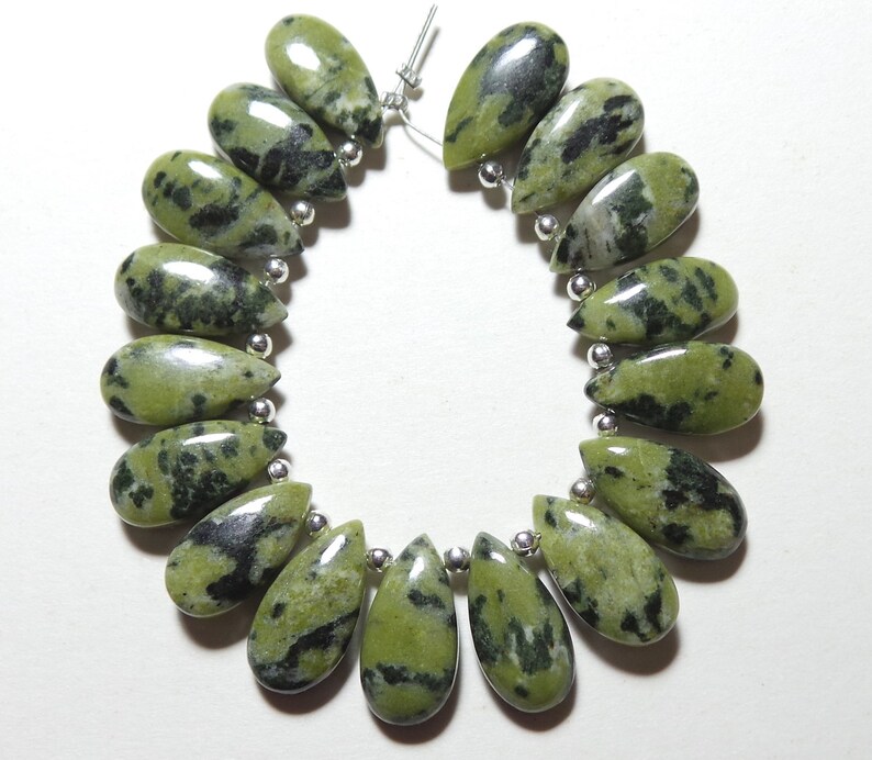 17 Pcs Briolettes Natural Dalmation Jasper Green Dalmation Jewellery Making Gemstone Briolettes Green Dalmation Jasper 15x8-16x8 MM