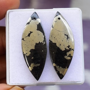 Op de afbeelding: Twee druppelvormige pyrietstenen met een gat aan de bovenkant. De stenen hebben een zwarte basiskleur met goudkleurige insluitsels. Ze worden gepresenteerd in een witte plastic container, voor sieraden.