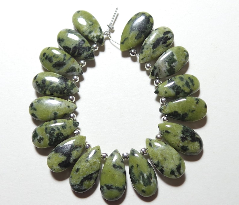 17 Pcs Briolettes Natural Dalmation Jasper Green Dalmation Jewellery Making Gemstone Briolettes Green Dalmation Jasper 15x8-16x8 MM