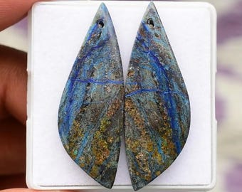 Azurite Crystal Cabochons: Matched Pair, Flat Back Gemstone (40x14 mm, 36 Ct