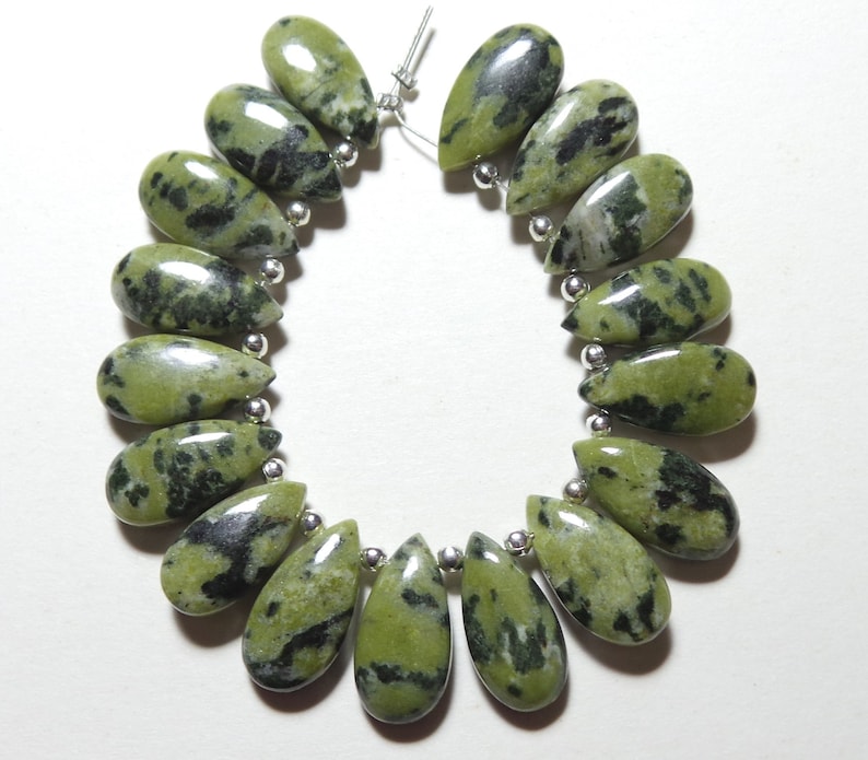 17 Pcs Briolettes Natural Dalmation Jasper Green Dalmation Jewellery Making Gemstone Briolettes Green Dalmation Jasper 15x8-16x8 MM