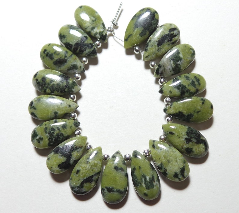 17 Pcs Briolettes Natural Dalmation Jasper Green Dalmation Jewellery Making Gemstone Briolettes Green Dalmation Jasper 15x8-16x8 MM