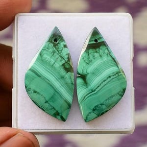 Natural Malachite Drilled Matched Pair Crystal Cabochon Smooth Flat Back Handmade Loose Gemstone For Jewelry Making 32x17 MM 55 Carat