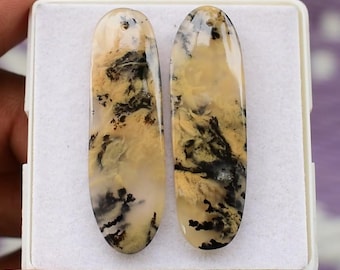 Tiger Dendrite Agate Cabochons: Drilled Gemstone Pair, 42x13mm