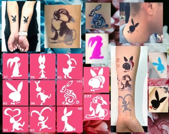 Rabbits temporary tattoo stencil set of 11 for glitter, henna adhesive or painting tattoos
