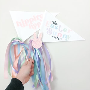 May include: Two pastel pink and blue triangle pennants with the text "Hippity Hop" and "The Easter Bunny Was Here" hanging on a white wall. Two pastel pink, blue, and green ribbon wands with a pink glitter bunny head on each wand.