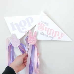 May include: Two pink and purple glitter bunny wands with white sticks and purple and pink ribbons. Two white triangle pennants with the text "hop" and "some bunny loves me" in pink and purple.