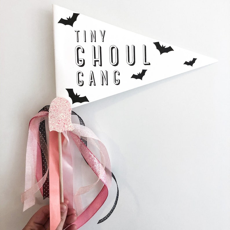 May include: White pennant with black bats and the text "Tiny Ghoul Gang". A pink and black glitter ghost wand with pink and white ribbons.