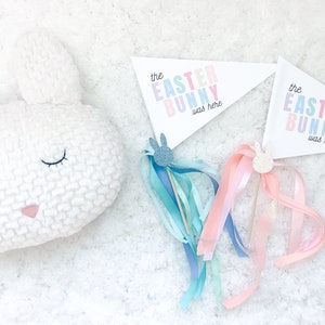May include: Two white pennants with the text "the Easter Bunny was here" in rainbow colours. The pennants are on a white fluffy surface with two bunny-shaped wands with blue and pink ribbons.