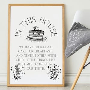 Letrero de pared "En esta casa": Impresión artística de pastel de chocolate (descarga digital)