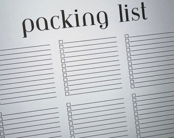 May include: A blank white packing list with the title "packing list" printed in black at the top. The list is divided into four columns with checkboxes and lines for writing.