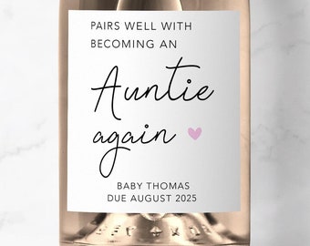 Pairs Well With Becoming An Auntie Again Champagne Prosecco Label, Personalised Pregnancy Announcement, Surprise Baby Reveal, Sister, Friend