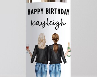 Personalised Happy Birthday Picture Wine Label, Custom Illustration Best Friend Gift, Sister, Mum, Work Bestie, Auntie, 30th, Leather Jacket