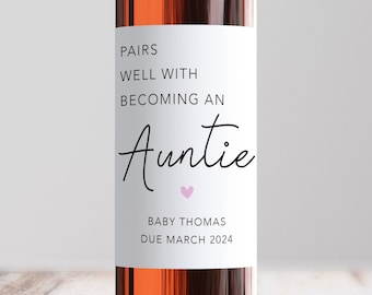 Pairs Well With Becoming An Auntie Wine Label, Personalised Pregnancy Announcement, Surprise Baby Announcement, Sister, Friend, Aunt To Be