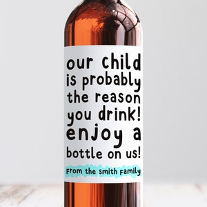 Personalised Funny Our Child Is The Reason You Drink Teacher Wine Gift Label, Custom Thank You Teacher Label, Amazing Teacher Label