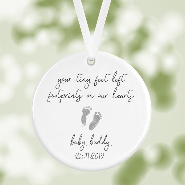 Personalised Baby Loss Ceramic Hanging Ornament, Bereavement Remembrance Quote Bauble, Left Footprints On Our Hearts, Miscarriage Keepsake