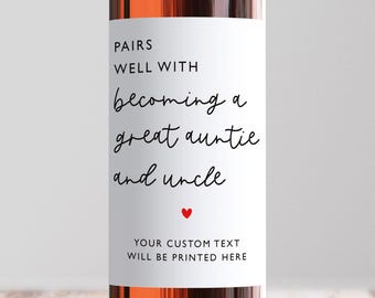 Pairs Well With Becoming A Great Auntie & Uncle Wine Label, Personalised Pregnancy Announcement, Baby Reveal Gift, Custom Prosecco Sticker