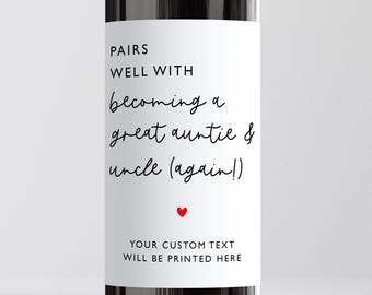 Pairs Well With Becoming A Great Auntie & Uncle Again Wine Label, Personalised Pregnancy Announcement, Baby Reveal Gift, Prosecco Sticker