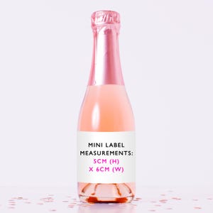 May include: A miniature glass bottle filled with a light pink liquid, featuring a metallic pink foil neck wrap and a white rectangular label. The label displays the black text MINI LABEL MEASUREMENTS: 5CM (H) X 6CM (W) in pink lettering.
