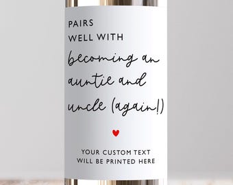 Pairs Well With Becoming An Auntie and Uncle Again Wine Label, Personalised Pregnancy Announcement, Custom Baby Reveal, Sister, Brother