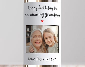 Personalised Photo Wine Label For Grandma's Birthday | Happy Birthday Amazing Grandma | Custom Message Sticker From Grandchild