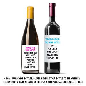 May include: Two wine bottles, one with a yellow cap and the other with a burgundy cap. The bottles have labels indicating the size and shape of wine labels that fit. The text on the labels is in English.