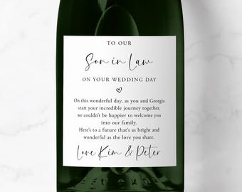 Personalised To Our My Son In Law Wedding Day Prosecco Label, Custom Groom Champagne Sticker, Gift From Mother Of Bride, Father Of Bride